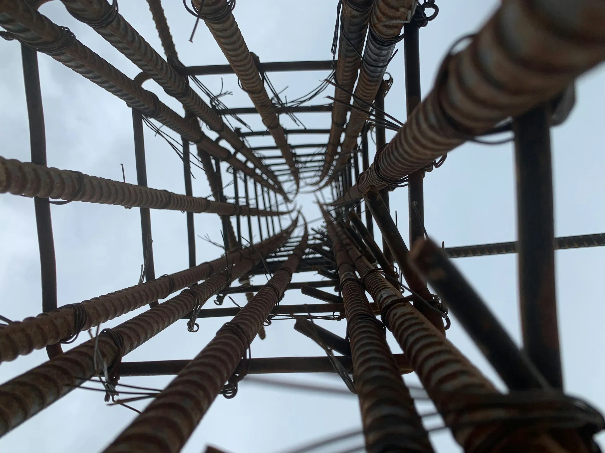 Looking up through a rebar cage
